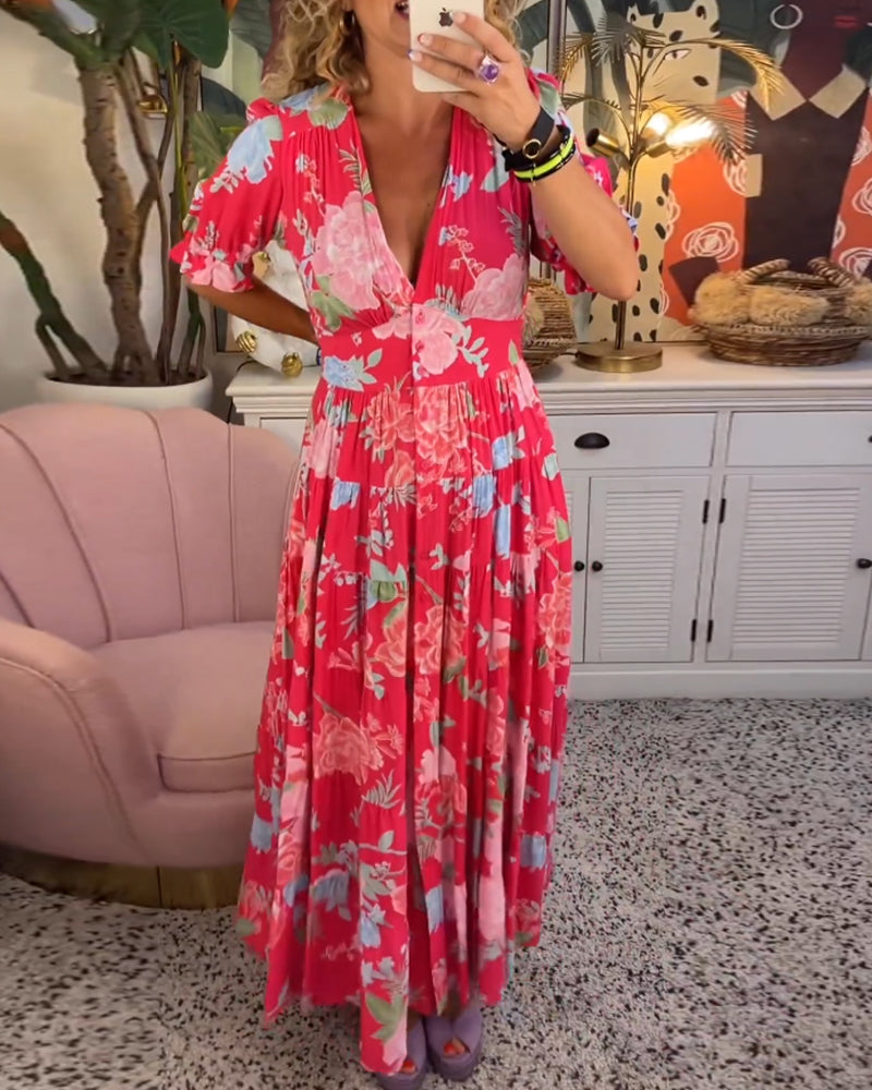 Vestido com bolso e decote em V com estampa floral