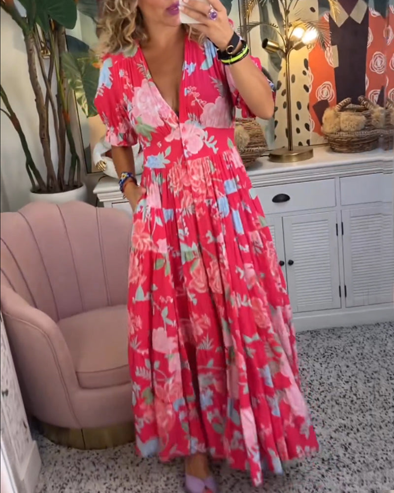 Vestido com bolso e decote em V com estampa floral